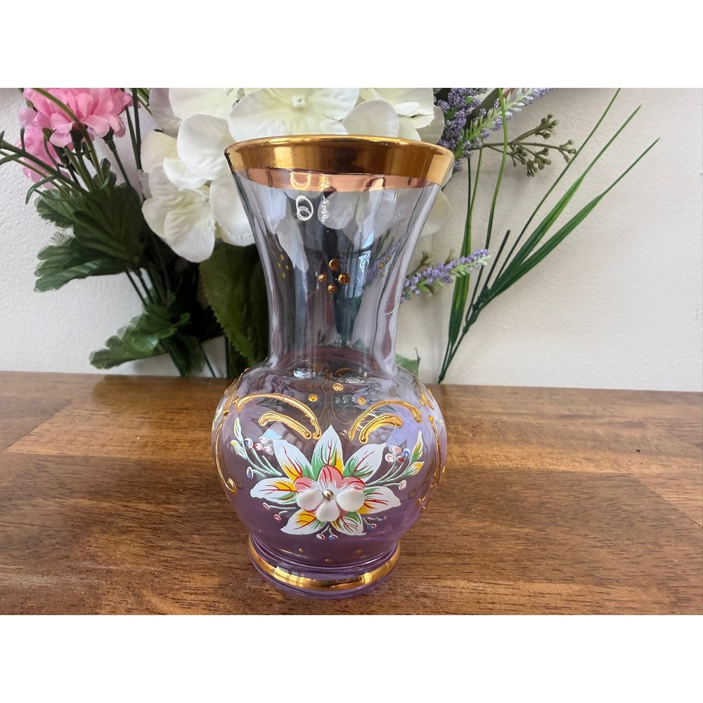 Vintage Hand Painted Bohemian Style Purple Glass Vase Gold Rim Enamel Floral‎